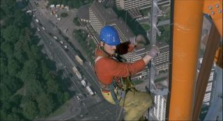 Link to Photo | television tower, Fernsehturm Berlin, Alexanderplatz, Germany, screenshot, color, 35 mm film, 90s, aerial shot, capital city, photographic film, Berlin, Berlin Babylon