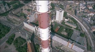 Link to Photo | television tower, Fernsehturm Berlin, Alexanderplatz, Germany, screenshot, color, 35 mm film, 90s, aerial shot, capital city, photographic film, Berlin, Berlin Babylon