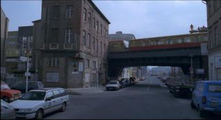 Link to Photo | passenger car, motor car, Mitte, Germany, 1990, screenshot, color, 35 mm film, point-of-view shot, 90s, urban and regional transportation, Parken Stadium, 1990s, capital city, Luisenstraße, photographic film, Berlin, Berlin Babylon, Berlin S-Bahn, driving