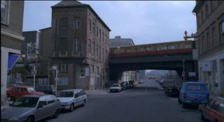 Link to Photo | passenger car, motor car, Mitte, Germany, 1990, screenshot, color, 35 mm film, point-of-view shot, 90s, urban and regional transportation, Parken Stadium, 1990s, capital city, Luisenstraße, photographic film, Berlin, Berlin Babylon, Berlin S-Bahn, driving
