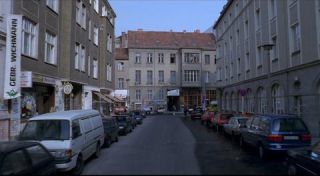 Link to Photo | passenger car, motor car, Mitte, Germany, Marienstraße, Mitte, 1990, screenshot, color, 35 mm film, point-of-view shot, Parken Stadium, 1990s, capital city, photographic film, Berlin, Berlin Babylon, driving
