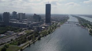 Link to Video | footage, big city, million city, Danube, Vienna, Federal State of Austria, metropolis, Donauinsel, Donauinsel, 4K resolution, 2019, federal capital, Innere Stadt, Western Europe, Donau City, Austria, Europe, aerial shot, capital city, main stream, Reichsbrücke, New Danube