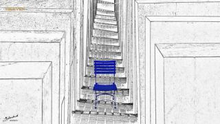 Link to Photo | art gallery, blue, photography, 11ELEVEN.art, JMW, chair, folding chair, Photoart, non-fungible token, art, acrylic sheet, black and white