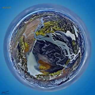 Link to Photo | art gallery, bird's-eye view, photography, 11ELEVEN.art, JMW, Earth, Planet Erde, Photoart, little planet effect, aerial shot, non-fungible token, planet, art, acrylic sheet