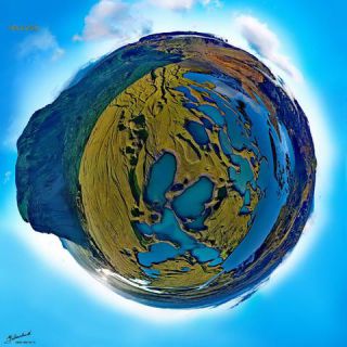 Link to Photo | art gallery, bird's-eye view, photography, 11ELEVEN.art, JMW, Earth, Planet Erde, Photoart, little planet effect, aerial shot, non-fungible token, planet, art, acrylic sheet