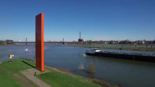 Link to Video | steel, North Rhine-Westphalia, Ruhr, Kaßlerfeld, Ruhr, Germany, Lutz Fritsch, Duisburg, color, landmark, 4K resolution, water, liquid water, red, Rhine Orange, orange, river, aerial shot, landmark, 2023, day, Rhine, art, work of art, sculpture