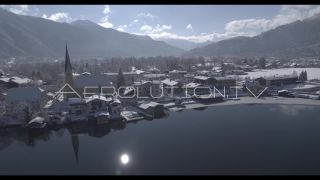 Link to Video | landscape, top-down perspective, tourist destination, Alps, winter, Germany, lake, Tegernsee, aerial shot, day, snow, Bavaria