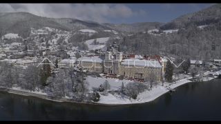 Link to Video | landscape, top-down perspective, tourist destination, Alps, winter, Germany, lake, Tegernsee, aerial shot, day, snow, Bavaria