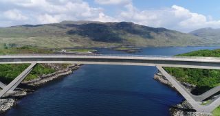 Link to Video | girder bridge, Scottish Highlands, footage, bridge, United Kingdom, raw material, Loch Cairnbawn, Rohfilm, Scotland, color, concrete, 4K resolution, 2018, aerial shot, Kylesku Bridge, tubular bridge