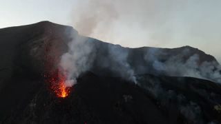 Link to Video | Stromboli, color, 4K resolution, Italy, aerial shot, Mediterranean Sea, volcano