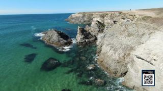 Link to Video | landscape, footage, Brittany, establishing shot, France, sea, steep coast, color, island, 4K resolution, high-angle shot, aerial shot, unmanned aerial vehicle, 2022, Belle Île, coast, Atlantic Ocean
