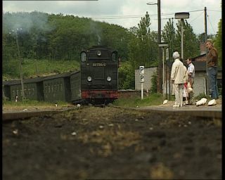 Link to Video | German Democratic Republic, steam locomotive, 1990, color, standard-definition television, Rügen, 1990s, Deutsche Reichsbahn (GDR), Betacam SP, train, Rügensche Kleinbahn, eastern Germany