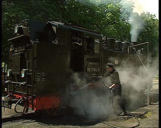 Link to Video | German Democratic Republic, steam locomotive, 1990, color, standard-definition television, Rügen, 1990s, Deutsche Reichsbahn (GDR), Betacam SP, train, Rügensche Kleinbahn, eastern Germany