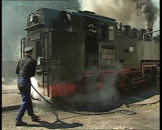 Link to Video | German Democratic Republic, steam locomotive, 1990, color, standard-definition television, Rügen, 1990s, Deutsche Reichsbahn (GDR), Betacam SP, train, Rügensche Kleinbahn, eastern Germany