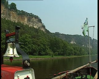 Link to Video | tourist destination, Saxony, maritime transport, Elbe, German Democratic Republic, 1990, color, standard-definition television, Elbe Sandstone Mountains, 1990s, tour boat ride, river, Betacam SP, eastern Germany
