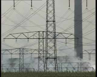 Link to Video | high voltage, electricity, fossil fuel, smoke, air pollution, Lübbenau/Spreewald, German Democratic Republic, chimney, power cable, 1990, color, standard-definition television, 1990s, greenhouse effect, sky, coal-fired power station, Betacam SP, transmission tower, eastern Germany