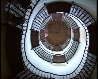 Link to Video | tourist destination, helical stairs, German Democratic Republic, spiral, 1990, low-angle shot, color, standard-definition television, stairwell, Granitz Hunting Lodge, Rügen, 1990s, tourist attraction, Betacam SP, eastern Germany
