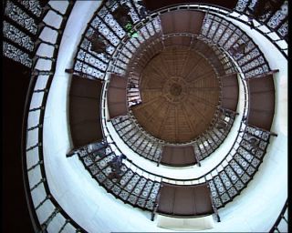 Link to Video | tourist destination, helical stairs, German Democratic Republic, spiral, 1990, low-angle shot, color, standard-definition television, stairwell, Granitz Hunting Lodge, Rügen, 1990s, tourist attraction, Betacam SP, eastern Germany