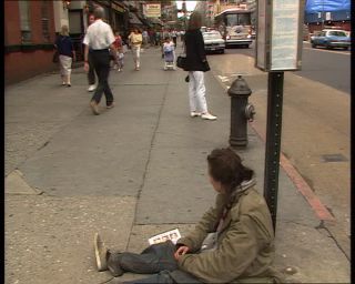 Link to Video | poverty, Manhattan, Third Avenue, homelessness, Big Apple, social issue, color, 1989, homeless person, United States of America, passenger, yellow cab, New York City, Little Germany, male human, man