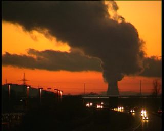 Link to Video | Lower Bavaria, Bundesautobahn 92, afterglow, fume, nuclear power, private transport, Germany, cooling tower, 1990, 4:3, color, standard-definition television, Essenbach, highway, red, steam, orange, controlled-access highway, sky, Isar Nuclear Power Plant, evening, cloud cover, Bavaria