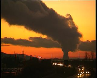 Link to Video | Lower Bavaria, Bundesautobahn 92, afterglow, fume, nuclear power, private transport, Germany, cooling tower, 1990, 4:3, color, standard-definition television, Essenbach, highway, red, steam, orange, controlled-access highway, sky, Isar Nuclear Power Plant, evening, cloud cover, Bavaria