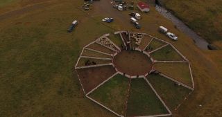 Link to Video | agriculture, Segment, circle, Iceland, Scandinavia, color, Ovis, Viehwirtschaft, Europe, aerial shot, classification system, structure, animal husbandry