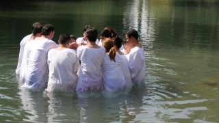 Link to Video | Christian, believer's baptism, ritual, color, 4K resolution, 2016, baptism in the Catholic Church, liquid water, baptism, Jordan River, river, Near East, Christianity, Israel, religion, Yardenit