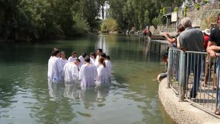 Link to Video | Christian, believer's baptism, ritual, color, 4K resolution, 2016, baptism in the Catholic Church, liquid water, baptism, Jordan River, river, Near East, Christianity, Israel, religion, Yardenit