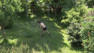 Link to Video | garden, gardening, color, reel mower, lawn mower, male toplessness, man