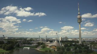 Link to Video | July, summer, Olympic Stadium of Munich, tented roof, Munich, Germany, 2012, color, Olympic Roof Munich, pier, Olympiapark, tourist attraction, Bavaria