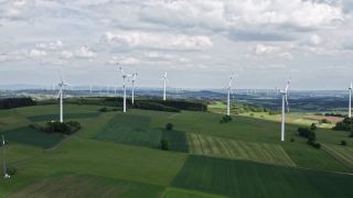 Link to Video | energy, agriculture, renewable energy, leaves, wind farm, flight, generation, future, width, wind power, forest, unmanned aerial vehicle, wind turbine, Gedern, day, cloud