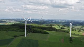 Link to Video | energy, agriculture, renewable energy, leaves, wind farm, flight, generation, future, width, wind power, forest, unmanned aerial vehicle, wind turbine, Gedern, day, cloud