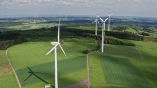Link to Video | energy, agriculture, renewable energy, leaves, wind farm, flight, generation, future, width, wind power, forest, unmanned aerial vehicle, wind turbine, Gedern, day, cloud