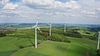 Link to Video | energy, agriculture, renewable energy, leaves, wind farm, flight, generation, future, width, wind power, forest, unmanned aerial vehicle, wind turbine, Gedern, day, cloud