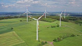 Link to Video | energy, agriculture, renewable energy, leaves, wind farm, flight, generation, future, width, wind power, forest, unmanned aerial vehicle, wind turbine, Gedern, day, cloud