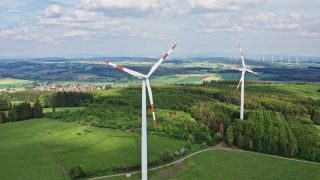 Link to Video | energy, agriculture, renewable energy, leaves, wind farm, flight, generation, future, width, wind power, forest, unmanned aerial vehicle, wind turbine, Gedern, day, cloud