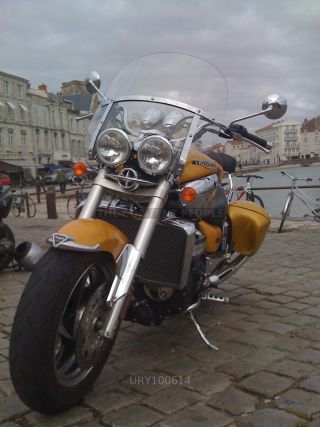 Link to Photo | cruiser, motorcycle, golden yellow, port, La Rochelle, Triumph Rocket 3, Triumph Rocket III