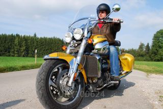Link to Photo | cruiser, motorcycle, golden yellow, motorcyclist, Triumph Rocket III