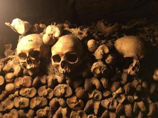 Link zum Foto | Schädel, Frankreich, Katakombe, Dunkelheit, Farbe, Knochen, Katakomben von Paris, Tod, unterirdische Struktur, Paris