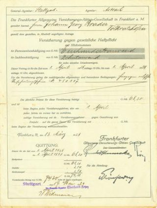 Link to Photo | Stuttgart, Johann, Eberhard, Volkratshofen, Germany, 1929, signature, Georg, Brader, Aktiengesellschaft, Versicherungsnehmer, receipt, standard form contract, Aitrach, insurance, document, Fetzer, Frankfurter Allgemeine Versicherung, 20th century, insurance policy, liability insurance