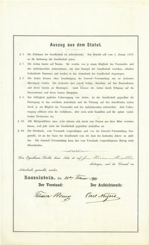 Link to Photo | Courantmark, share, Otto, signature, Rasselstein, Aktiengesellschaft, Carl, Mischke, Remy, mark, document, Albert, rubber stamp, 19th century, 1873, Bank Thaler, ThyssenKrupp Rasselstein, executive manager