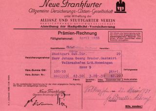 Link to Photo | Stuttgart, Johann, Eberhard, Volkratshofen, Germany, 1929, signature, Georg, Brader, Aktiengesellschaft, Versicherungsnehmer, receipt, standard form contract, Aitrach, insurance, document, Fetzer, Frankfurter Allgemeine Versicherung, 20th century, insurance policy, liability insurance