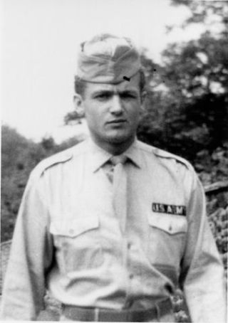 Link to Photo | military uniform, photograph, 50s, G.I., headgear, private, 1950s, military personnel, soldier, side cap, 20th century, uniform, black and white, male human, man, United States Army