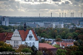 Link to Photo | Saxony-Anhalt, Halle (Saale), wide shot, panorama, cityscape, horizon, wind power, wind turbine, city, eastern Germany